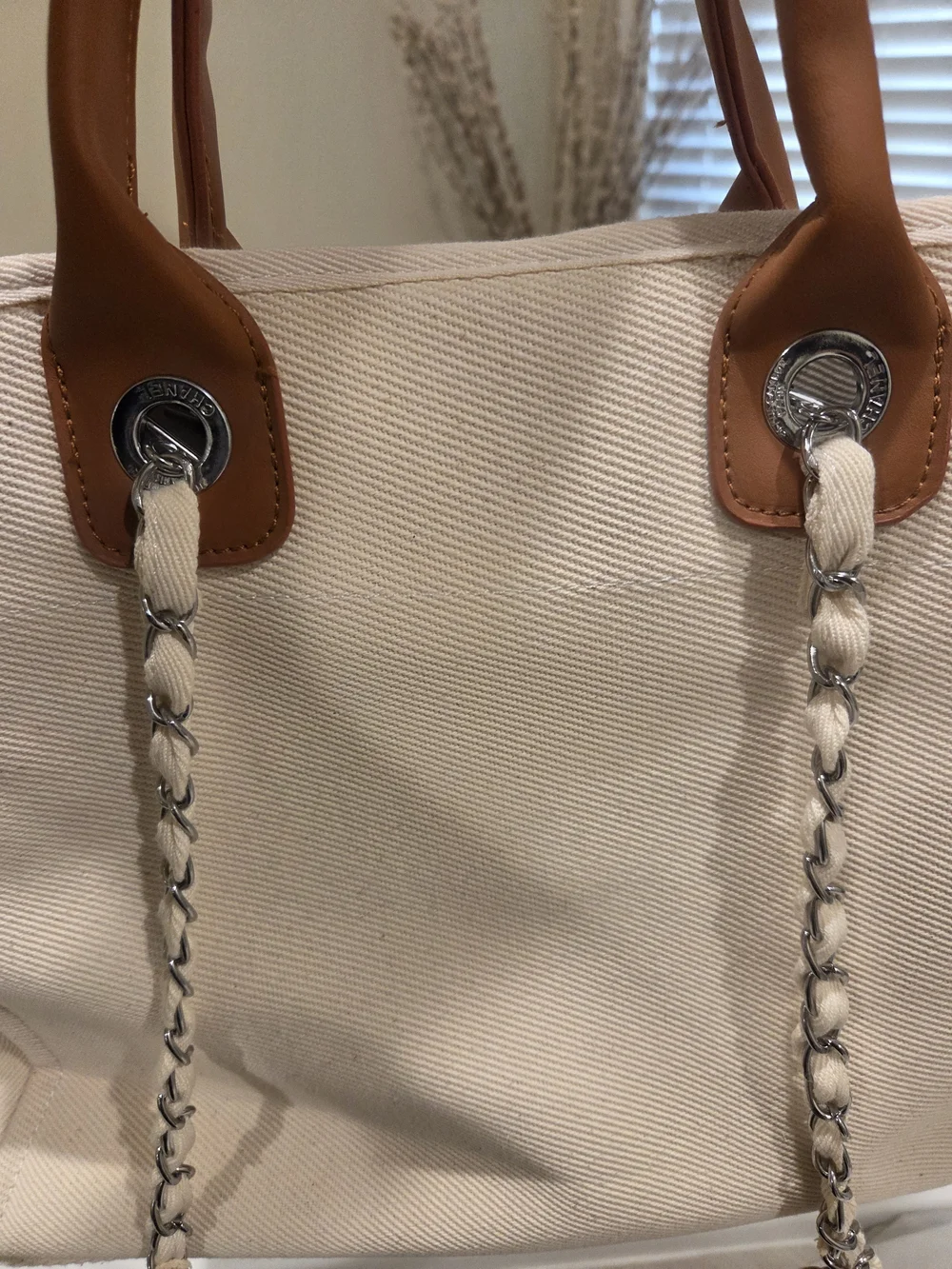CHANEL Cream Canvas Tote with Pearl Logo and Tan Leather Handles - Picture 4 of 5